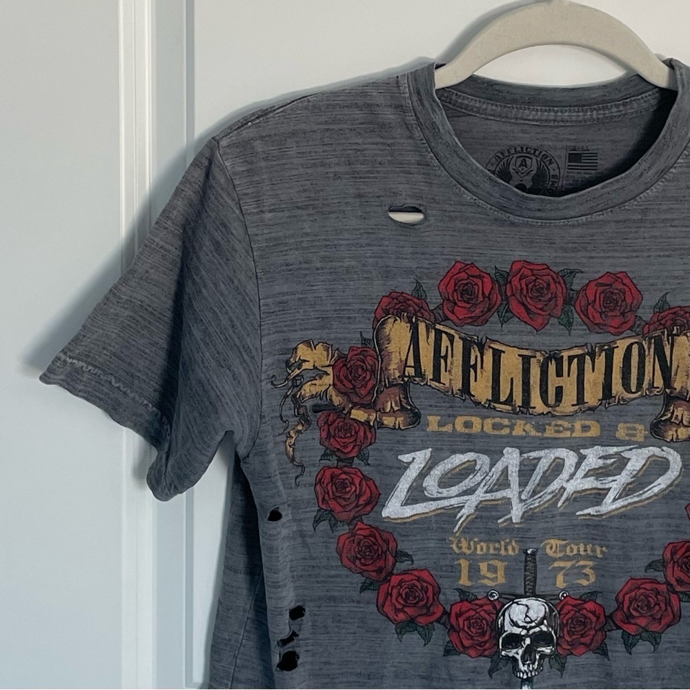 Affliction Locked And Loaded Distressed Gray T-Shirt Tee Skulls 35427 View 2